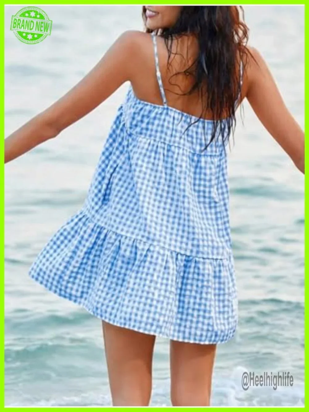 Gingham Mini Dress, Spaghetti Strap Flowy A-Line Sleeveless Sundress with